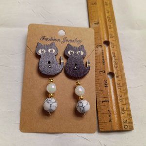 Home Made Handmade Wood & Metal Cat Black Button Earrings